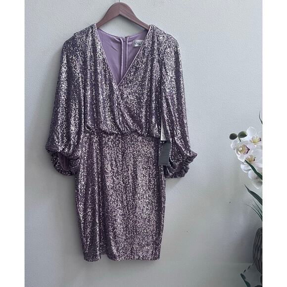 NWT Eliza J Sequin Blouson Sleeve Rose Gold Midi Cocktail Dress Size 6 - Picture 2 of 8